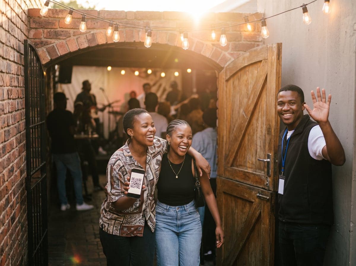 Two friends laughing as they walk into a venue at golden hour, one holding up a phone with a QR ticket, while a steward waves them in